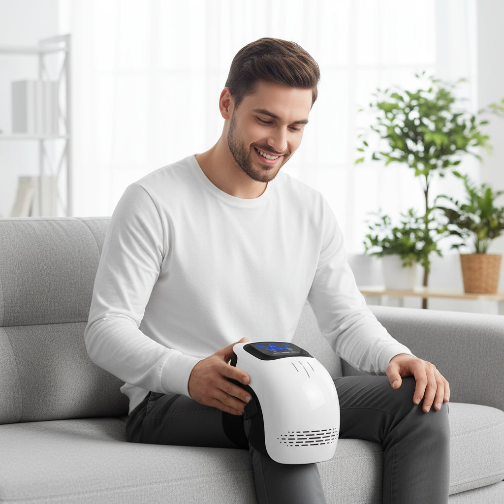 All-in-One Smart Knee Therapy Device Featuring Deep Tissue Massage, Soothing Heat, and Advanced Vibration Technology to Help Recovery from Sports Injuries and Joint Stiffness